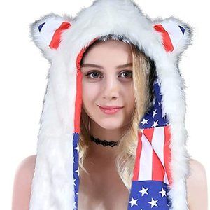 Animal Hat Faux Fur Hood Scarf Full Pockets Ear Flat Cap Hoodie Furry Gloves